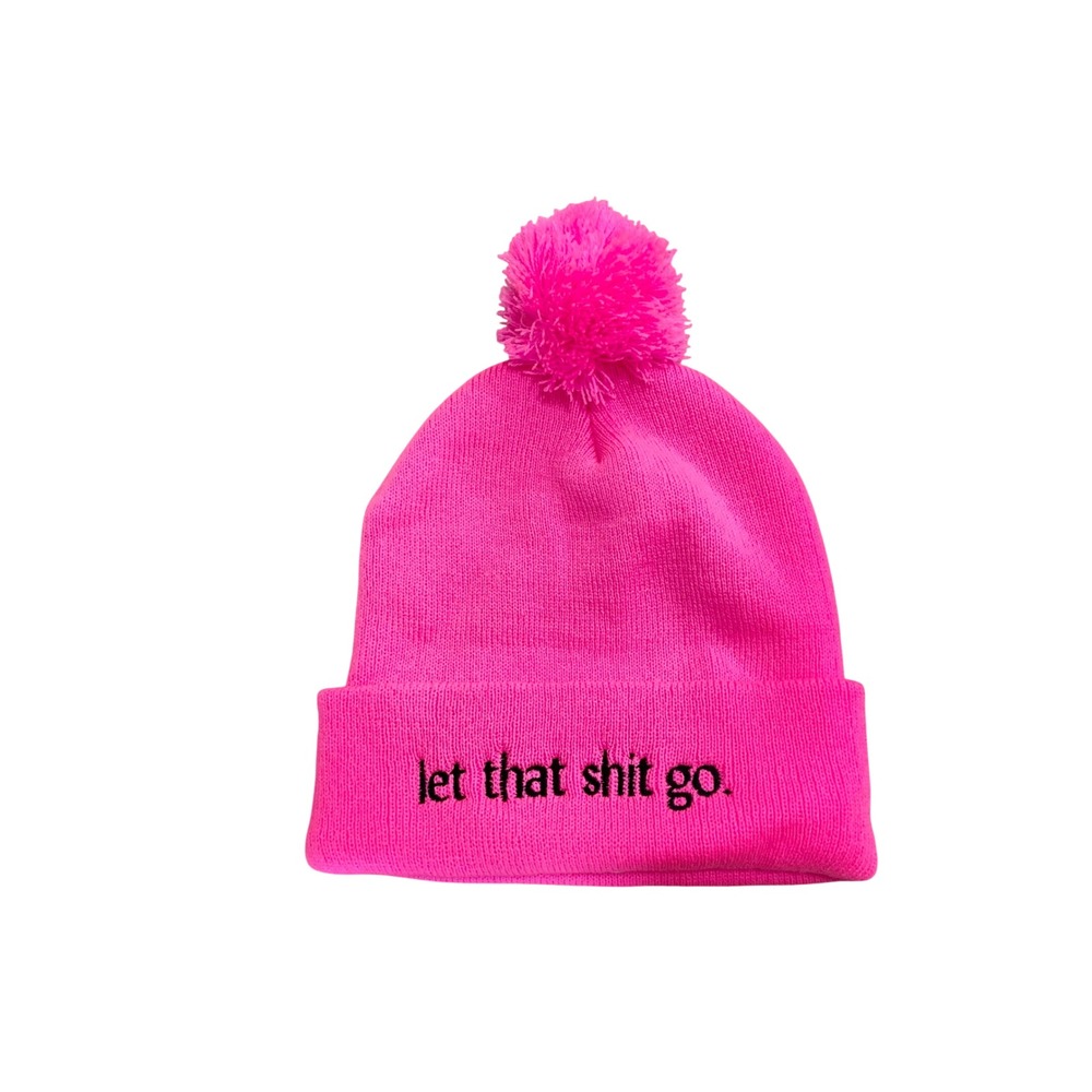 Hot Pink Let That S**t Go Embroidered Beanie Pom Pom Knit Hat Neon Y2K‎ Style
